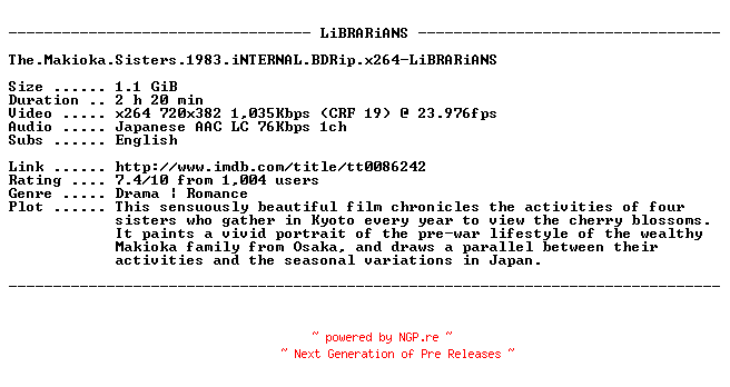 NFO for the release The.Makioka.Sisters.1983.iNTERNAL.BDRip.x264-LiBRARiANS by LiBRARiANS