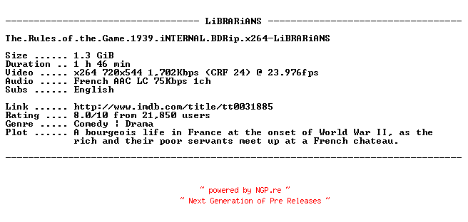 NFO for the release The.Rules.of.the.Game.1939.iNTERNAL.BDRip.x264-LiBRARiANS by LiBRARiANS