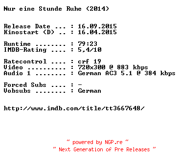 NFO for the release Nur.eine.Stunde.Ruhe.German.2014.AC3.BDRiP.x264-EXQUiSiTE by EXQUiSiTE