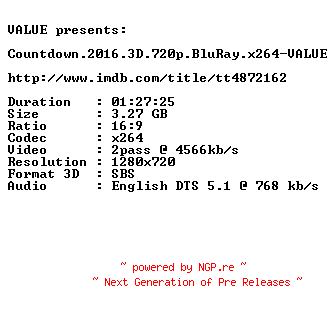 NFO for the release Countdown.2016.3D.720p.BluRay.x264-VALUE by VALUE