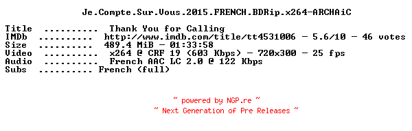 NFO for the release Je.Compte.Sur.Vous.2015.FRENCH.BDRip.x264-ARCHAiC by ARCHAiC