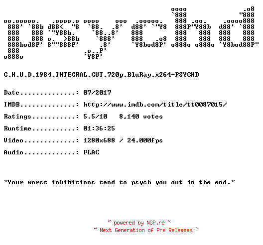 NFO for the release C.H.U.D.1984.INTEGRAL.CUT.720p.BluRay.x264-PSYCHD by PSYCHD