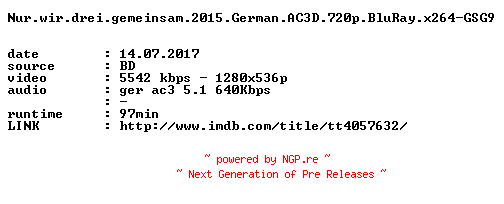 NFO for the release Nur.wir.drei.gemeinsam.2015.German.AC3D.720p.BluRay.x264-GSG9 by GSG9