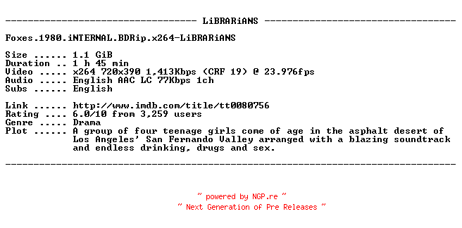 NFO for the release Foxes.1980.iNTERNAL.BDRip.x264-LiBRARiANS by LiBRARiANS