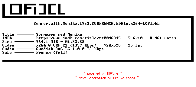 NFO for the release Summer.with.Monika.1953.SUBFRENCH.BDRip.x264-LOFiDEL by LOFiDEL