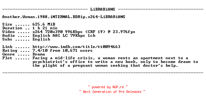 NFO for the release Another.Woman.1988.iNTERNAL.BDRip.x264-LiBRARiANS by LiBRARiANS