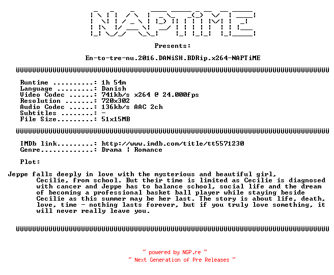 NFO for the release En-to-tre-nu.2016.DANiSH.BDRip.x264-NAPTiME by NAPTiME