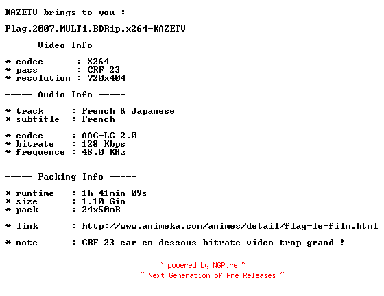 NFO for the release Flag.2007.MULTi.BDRip.x264-KAZETV by KAZETV