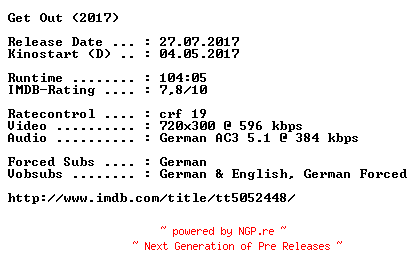 NFO for the release Get.Out.German.2017.AC3.BDRip.x264-COiNCiDENCE by COiNCiDENCE