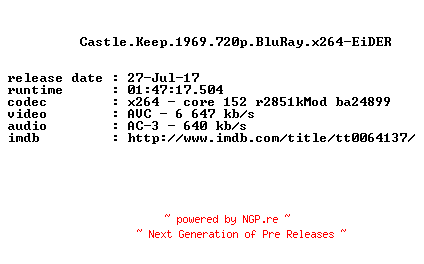 NFO for the release Castle.Keep.1969.720p.BluRay.x264-EiDER by EiDER