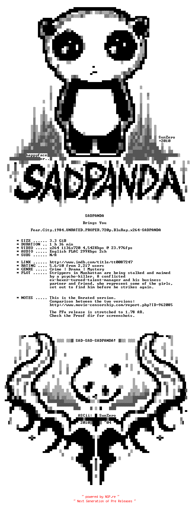NFO for the release Fear.City.1984.UNRATED.PROPER.720p.BluRay.x264-SADPANDA by SADPANDA