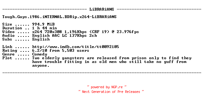 NFO for the release Tough.Guys.1986.iNTERNAL.BDRip.x264-LiBRARiANS by LiBRARiANS
