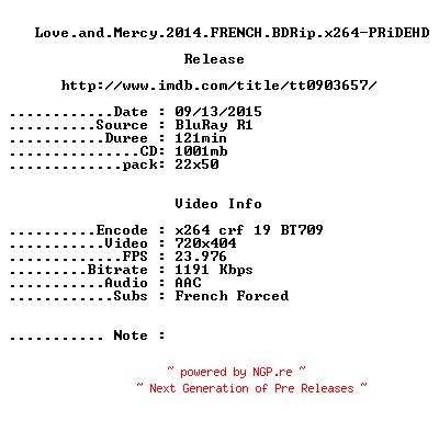 NFO for the release Love.and.Mercy.2014.FRENCH.BDRip.x264-PRiDEHD by PRiDEHD