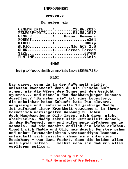 NFO for the release Du.neben.mir.BDRip.MD.German.x264-iMPROVEMENT by iMPROVEMENT