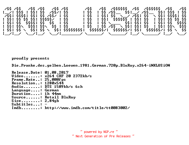NFO for the release Die.Pranke.des.gelben.Loewen.1981.German.720p.BluRay.x264-iNKLUSiON by iNKLUSiON