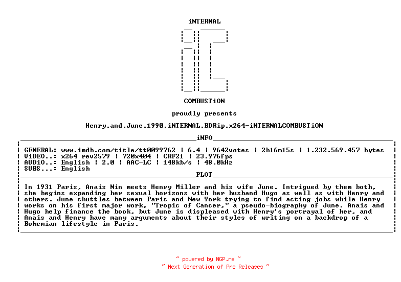 NFO for the release Henry.and.June.1990.iNTERNAL.BDRip.x264-iNTERNALCOMBUSTiON by iNTERNALCOMBUSTiON