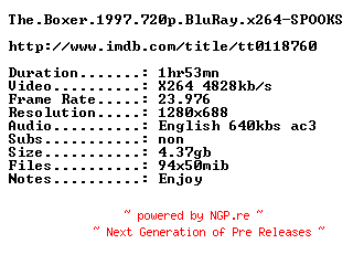 NFO for the release The.Boxer.1997.720p.BluRay.x264-SPOOKS by SPOOKS