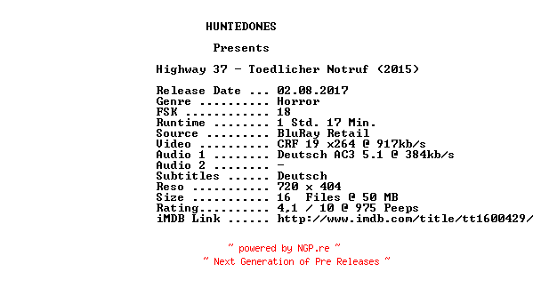 NFO for the release Highway.37.Toedlicher.Notruf.German.2015.AC3.BDRip.x264-HUNTEDONES by HUNTEDONES