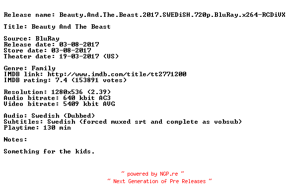 NFO for the release Beauty.And.The.Beast.2017.SWEDiSH.720p.BluRay.x264-RCDiVX by RCDiVX