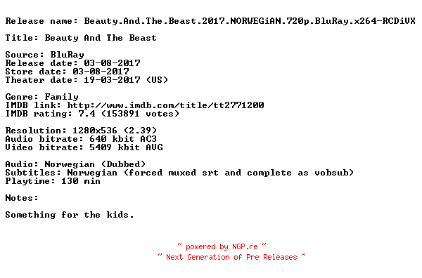 NFO for the release Beauty.And.The.Beast.2017.NORWEGiAN.720p.BluRay.x264-RCDiVX by RCDiVX