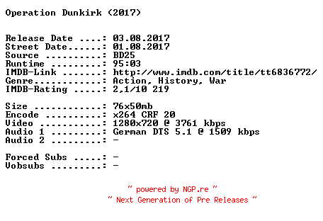 NFO for the release Operation.Dunkirk.2017.German.720p.BluRay.x264-SPiCY by SPiCY