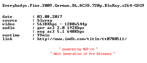 NFO for the release Everybodys.Fine.2009.German.DL.AC3D.720p.BluRay.x264-GSG9 by GSG9