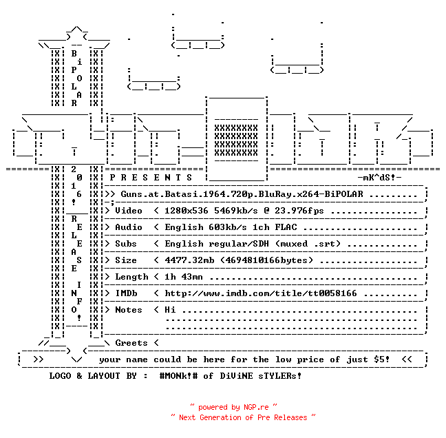 NFO for the release Guns.at.Batasi.1964.720p.BluRay.x264-BiPOLAR by BiPOLAR