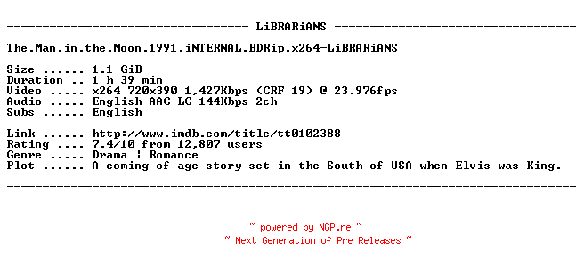 NFO for the release The.Man.in.the.Moon.1991.iNTERNAL.BDRip.x264-LiBRARiANS by LiBRARiANS