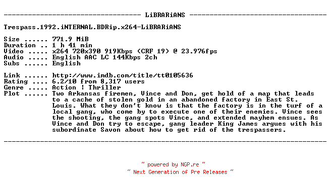 NFO for the release Trespass.1992.iNTERNAL.BDRip.x264-LiBRARiANS by LiBRARiANS
