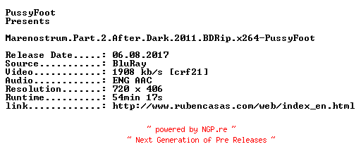 NFO for the release Marenostrum.Part.2.After.Dark.2011.BDRip.x264-PussyFoot by PussyFoot