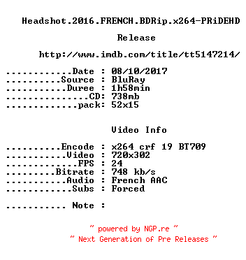 NFO for the release Headshot.2016.FRENCH.BDRip.x264-PRiDEHD by PRiDEHD