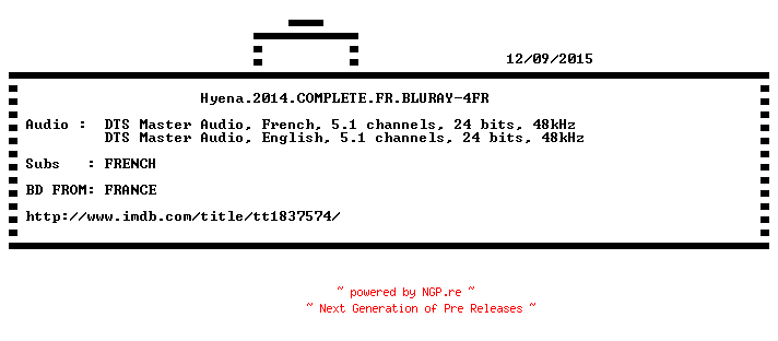 NFO for the release Hyena.2014.COMPLETE.FR.BLURAY-4FR by 4FR