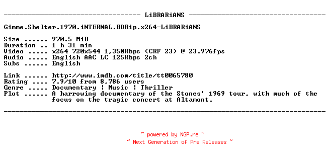 NFO for the release Gimme.Shelter.1970.iNTERNAL.BDRip.x264-LiBRARiANS by LiBRARiANS