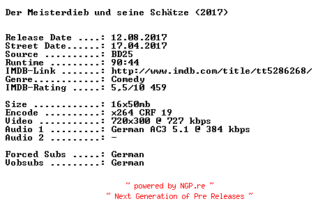 NFO for the release Der.Meisterdieb.und.seine.Schaetze.German.2017.AC3.BDRip.x264-SPiCY by SPiCY