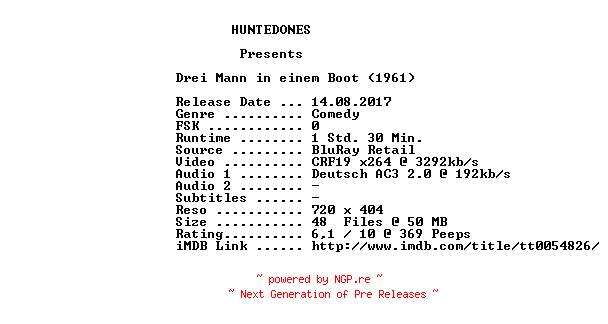 NFO for the release Drei.Mann.in.einem.Boot.German.1961.AC3.BDRip.x264-HUNTEDONES by HUNTEDONES