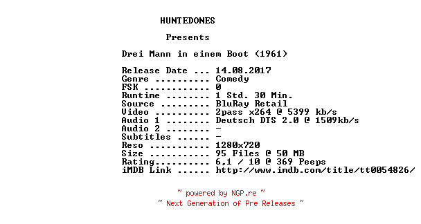 NFO for the release Drei.Mann.in.einem.Boot.1961.German.720p.BluRay.x264-HUNTEDONES by HUNTEDONES
