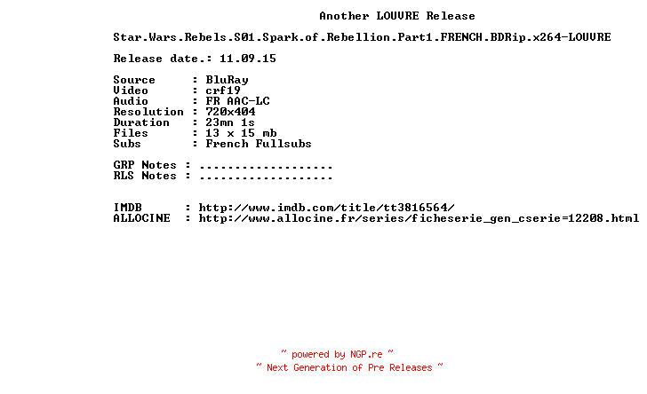 NFO for the release Star.Wars.Rebels.S01.Spark.of.Rebellion.Part1.FRENCH.BDRip.x264-LOUVRE by LOUVRE