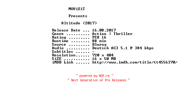 NFO for the release Altitude.2015.German.AC3.BDRip.x264-MOViEiT by MOViEiT