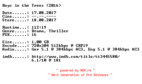 NFO for the release Boys.in.the.Trees.German.2016.DL.BDRiP.x264-CiNEViSiON by CiNEViSiON