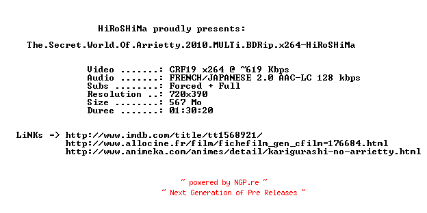 NFO for the release The.Secret.World.Of.Arrietty.2010.MULTi.BDRip.x264-HiRoSHiMa by HiRoSHiMa