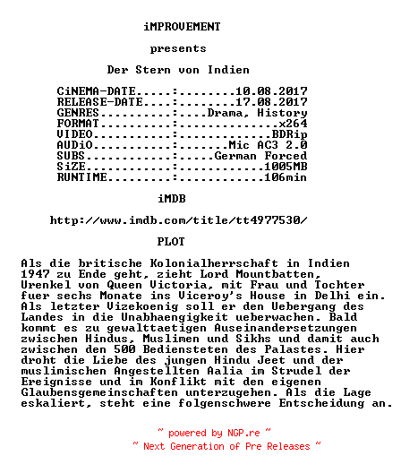 NFO for the release Der.Stern.von.Indien.BDRip.MD.German.x264-iMPROVEMENT by iMPROVEMENT