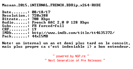 NFO for the release Masaan.2015.iNTERNAL.FRENCH.BDRip.x264-RUDE by RUDE