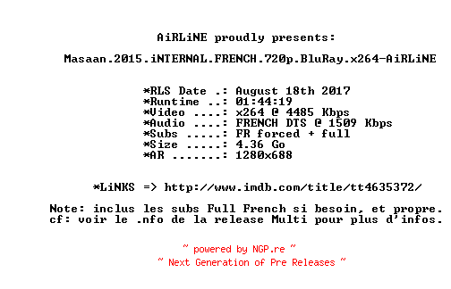 NFO for the release Masaan.2015.iNTERNAL.FRENCH.720p.BluRay.x264-AiRLiNE by AiRLiNE