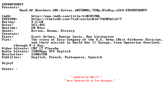 NFO for the release Band.Of.Brothers.S01.Extras.iNTERNAL.720p.BluRay.x264-SEVENTWENTY by SEVENTWENTY