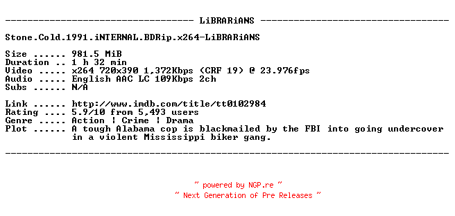 NFO for the release Stone.Cold.1991.iNTERNAL.BDRip.x264-LiBRARiANS by LiBRARiANS