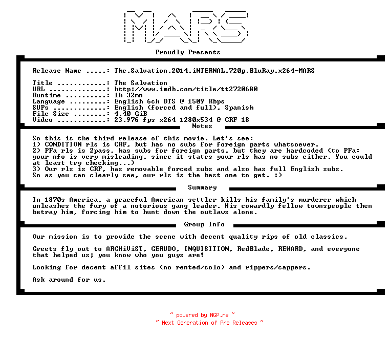 NFO for the release The.Salvation.2014.iNTERNAL.720p.BluRay.x264-MARS by MARS