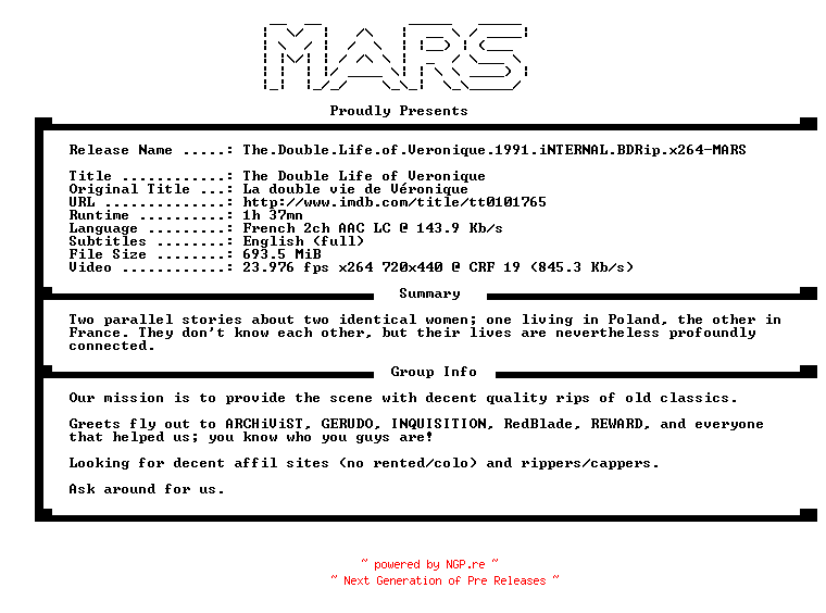 NFO for the release The.Double.Life.of.Veronique.1991.iNTERNAL.BDRip.x264-MARS by MARS