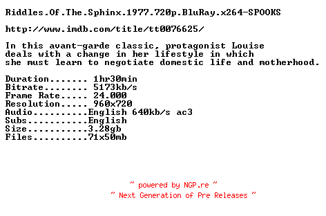 NFO for the release Riddles.Of.The.Sphinx.1977.720p.BluRay.x264-SPOOKS by SPOOKS
