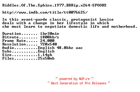 NFO for the release Riddles.Of.The.Sphinx.1977.BDRip.x264-SPOOKS by SPOOKS