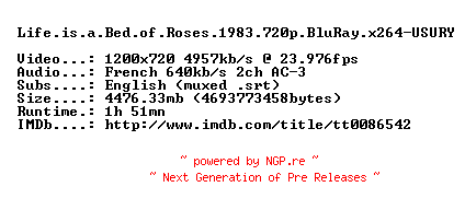 NFO for the release Life.is.a.Bed.of.Roses.1983.720p.BluRay.x264-USURY by USURY